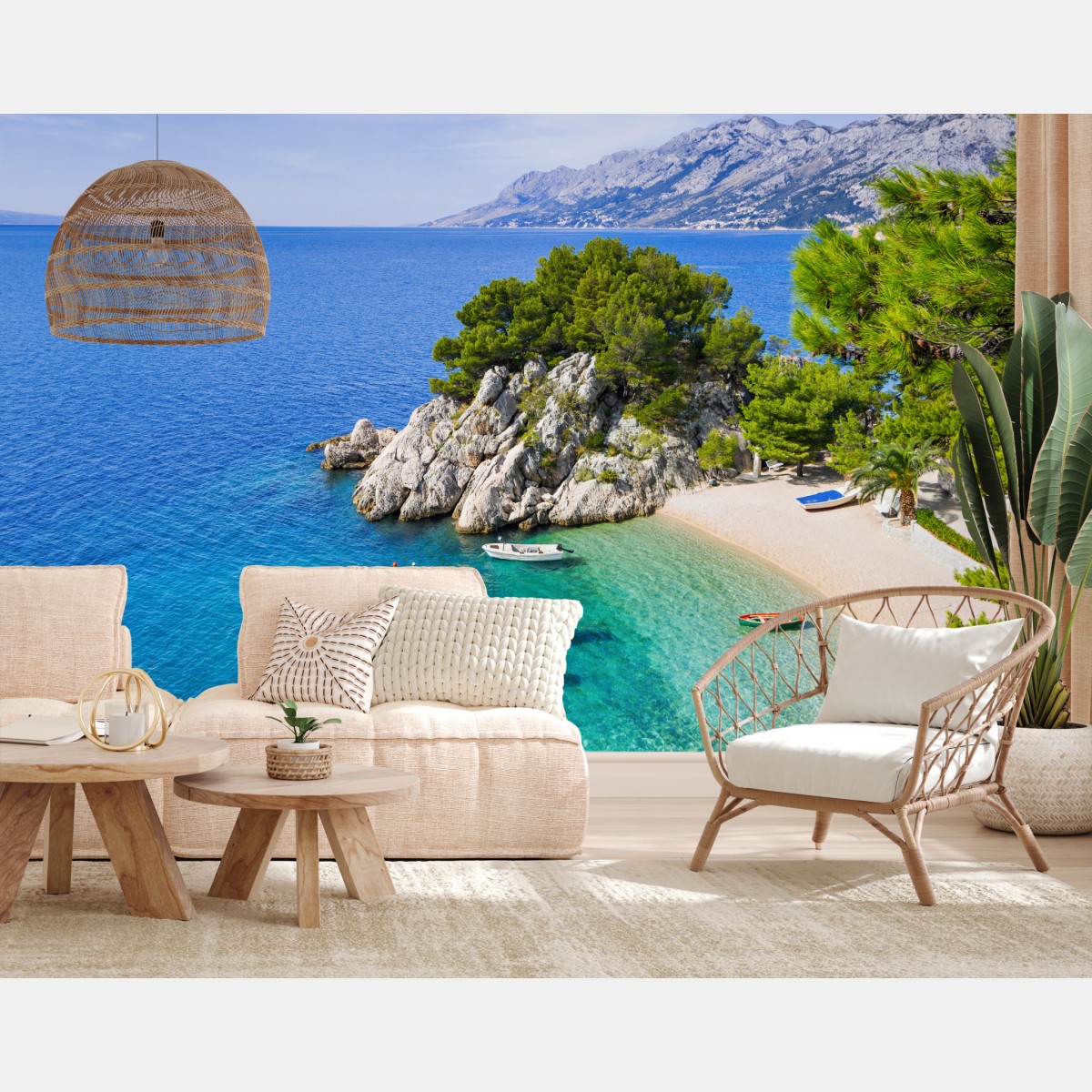 Fototapete ruhige türkisfarbene bucht mit booten – Wallnifity®