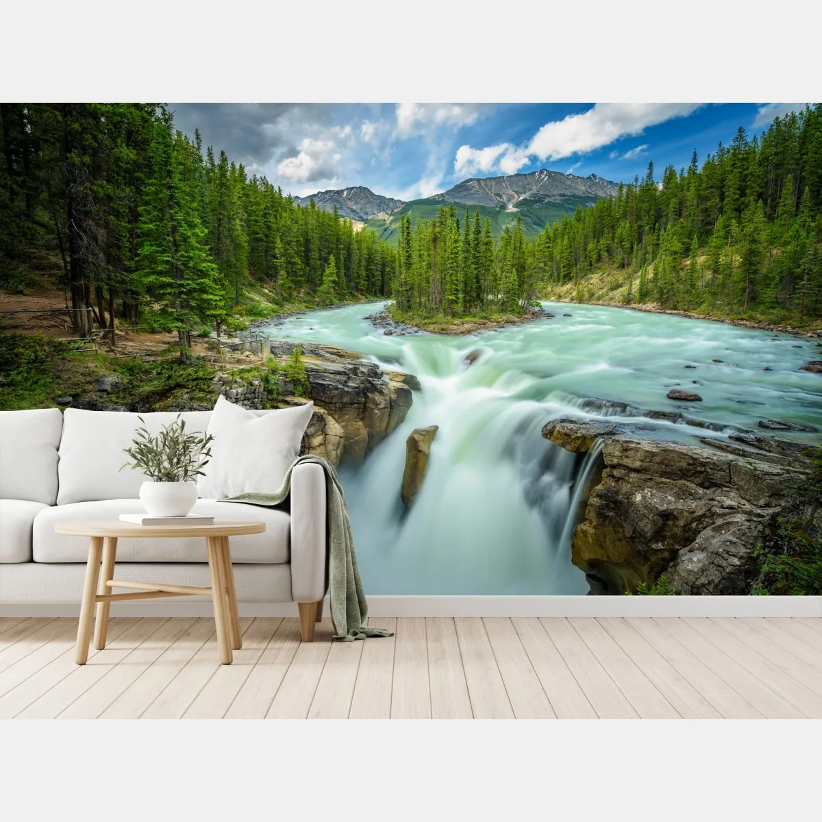 Fototapete neblige flussklamm bei Upper Sunwapta Falls, Jasper National Park – Wallnifity®