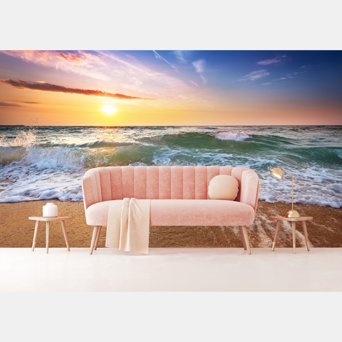 Fototapete goldener sonnenuntergang am strand mit sanften wellen – Wallnifity®
