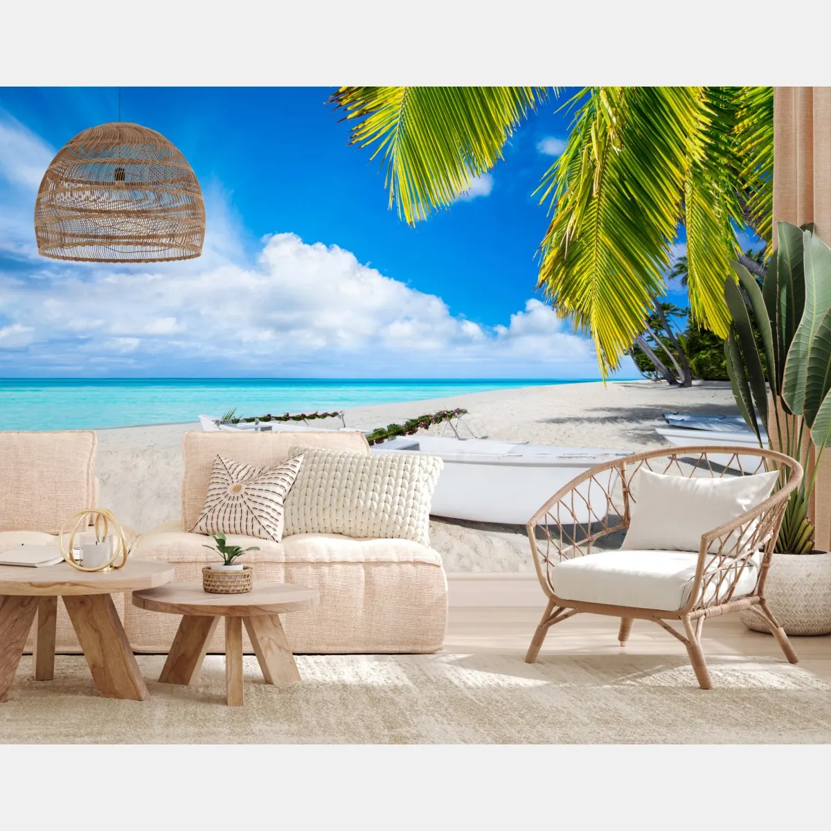 Fototapete tropischer strand in türkis mit palmen und booten – Wallnifity®