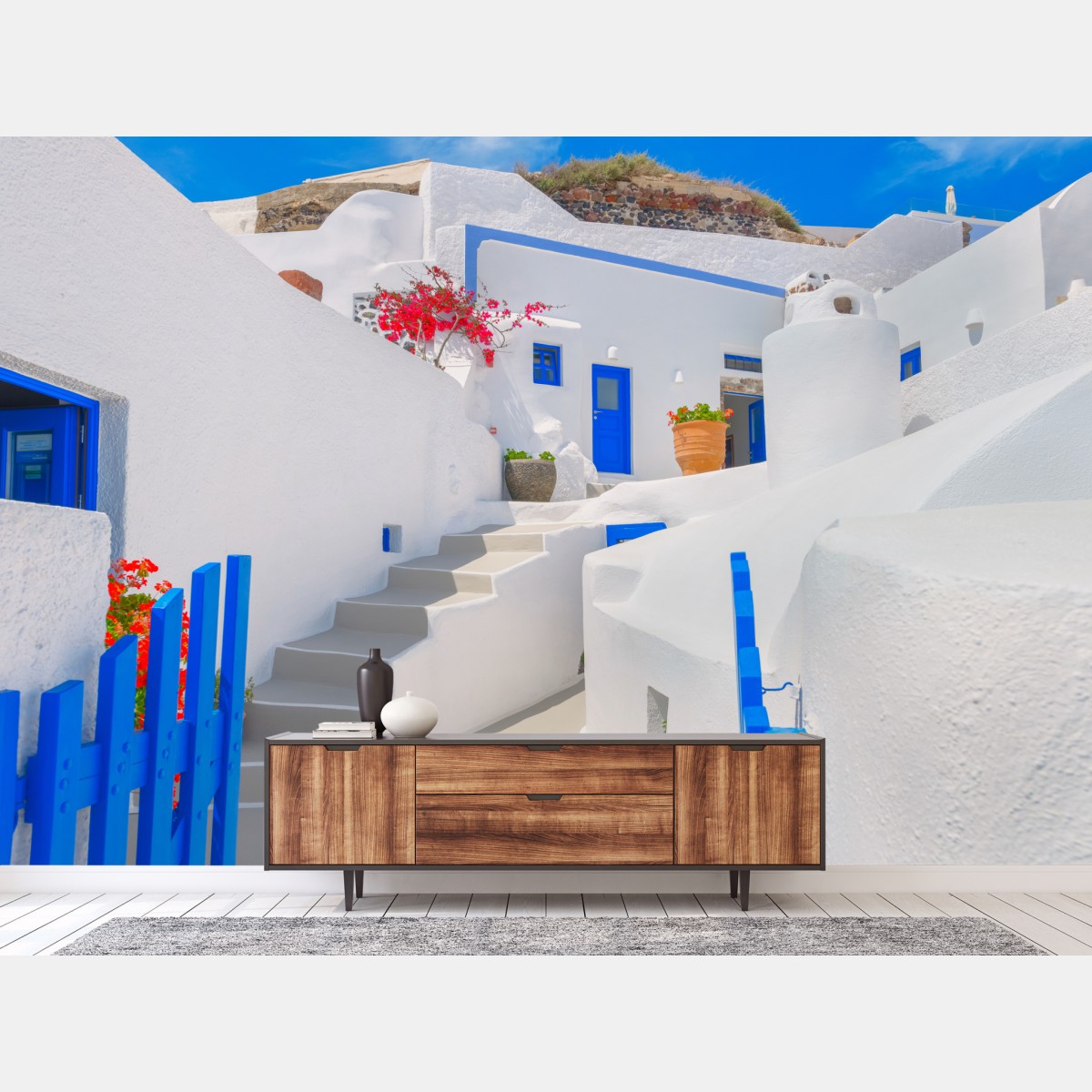 Fototapete Santorini weiße häuser mit blauen akzenten – Wallnifity®