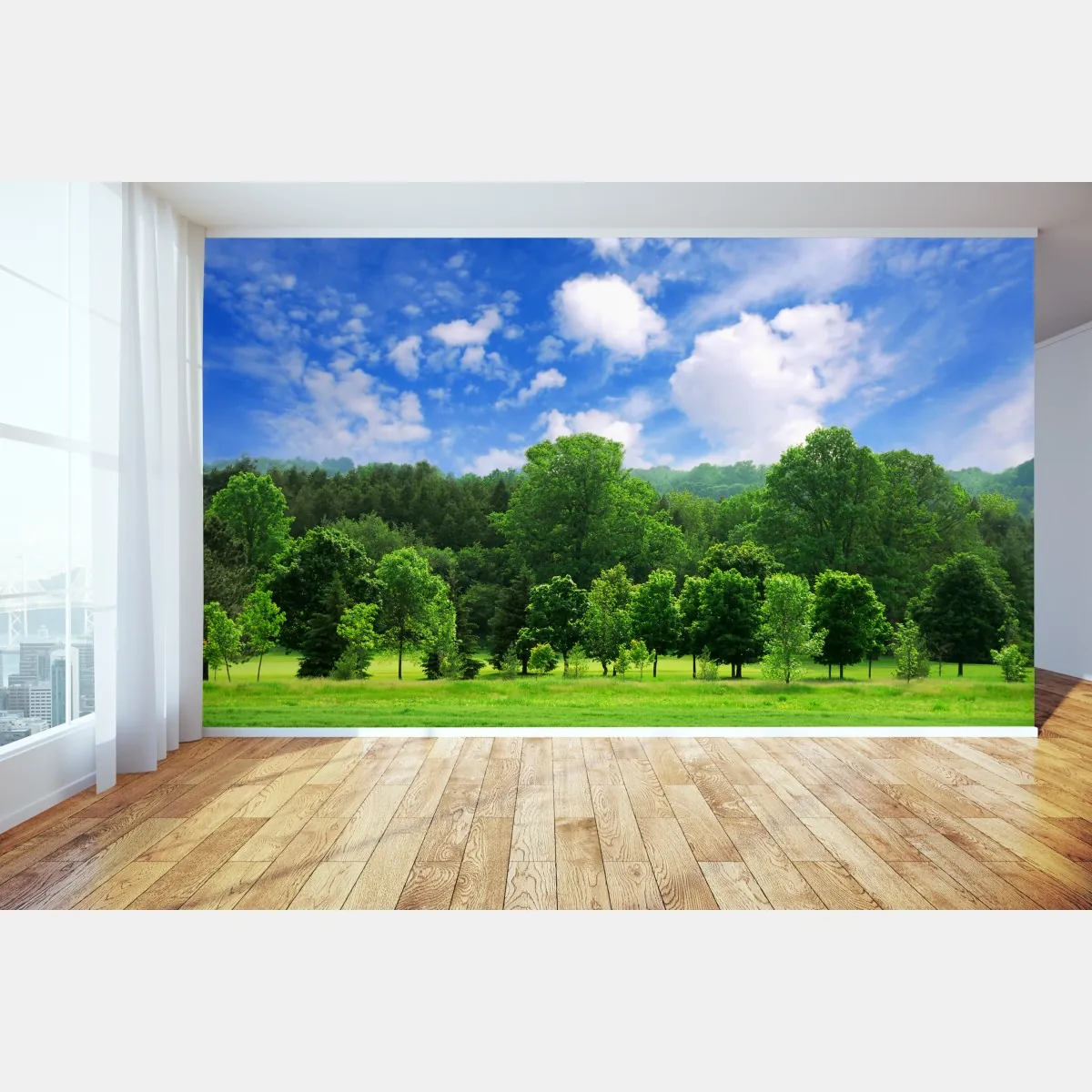 Fototapete sommerlicher grüner wald unter blauem himmel – Wallnifity®