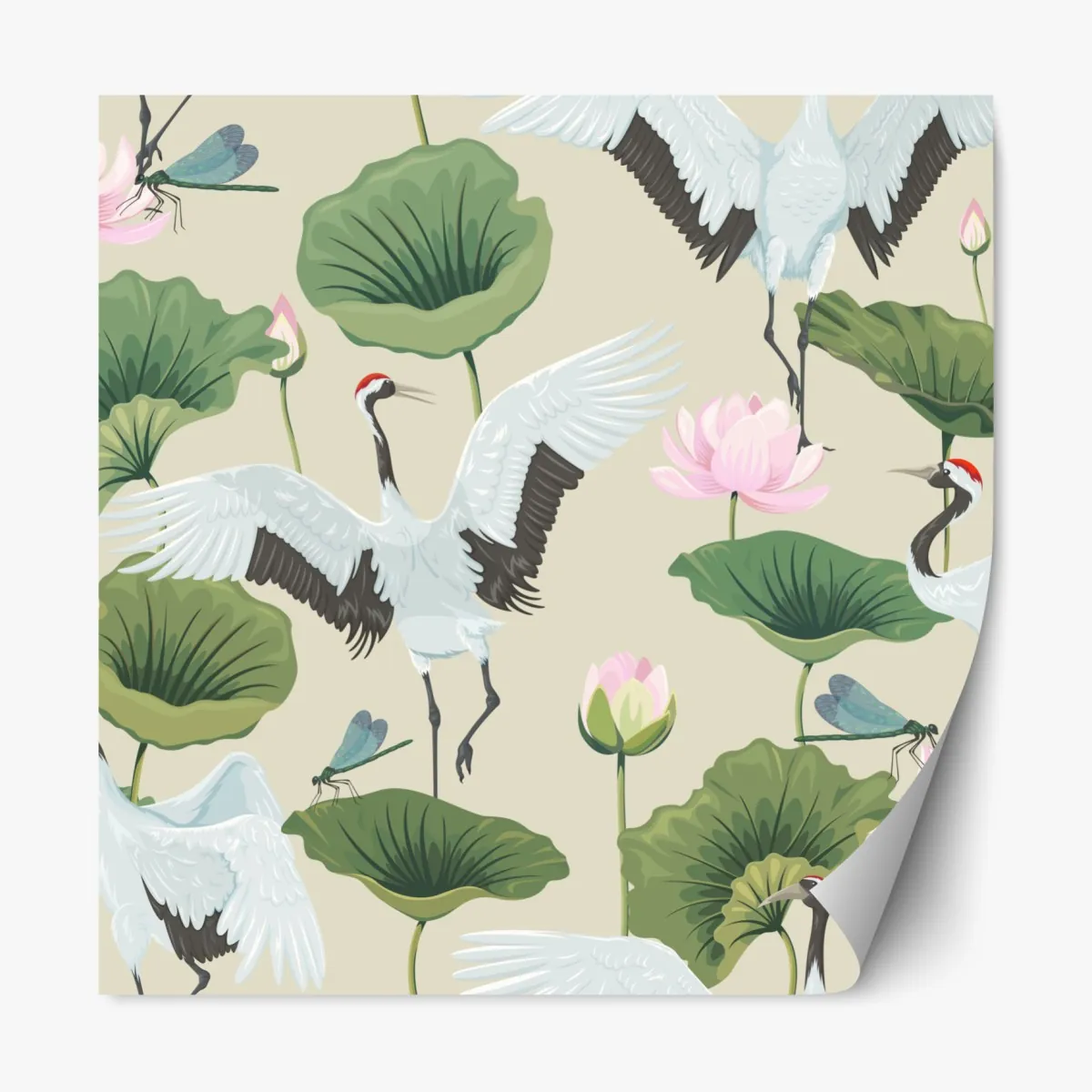 Repositionierbarer Aufkleber elegantes muster mit kranichen und lotusblumen – Wallnifity®