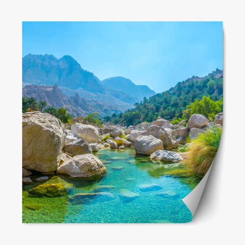 Repositionierbarer Aufkleber sonnige gasse auf der insel mit leuchtender buganvillea – Wallnifity®