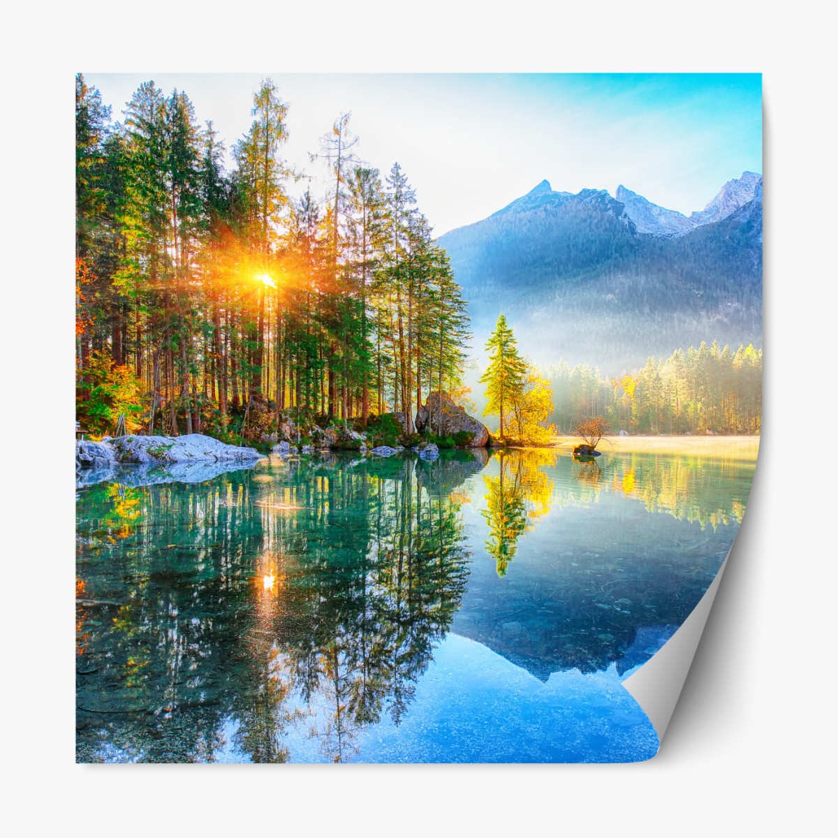 Repositionierbarer Aufkleber Hintersee herbstlicher sonnenaufgang über dem türkisfarbenen see – Wallnifity®