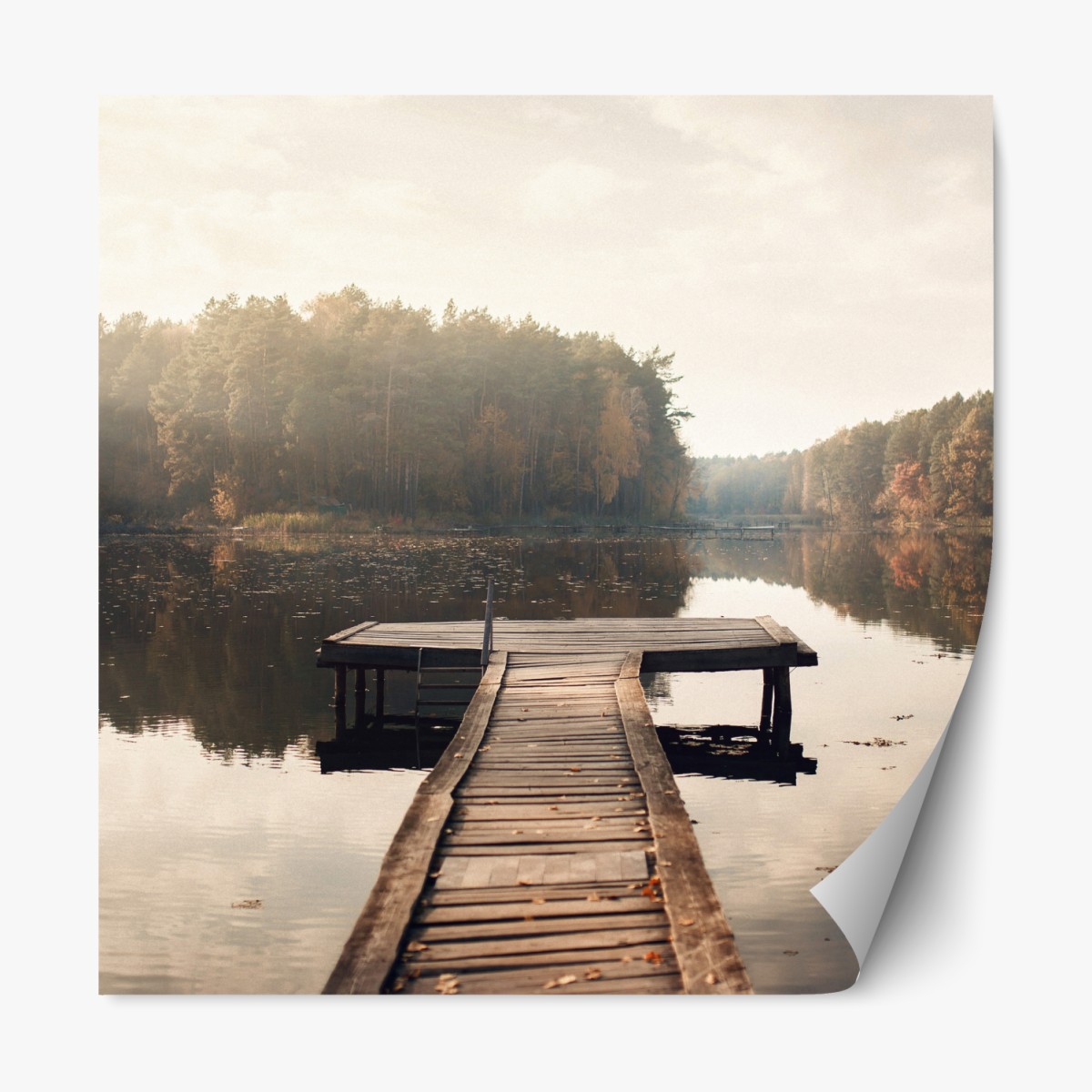Repositionierbarer Aufkleber herbstmorgen am see mit hölzernem steg – Wallnifity®