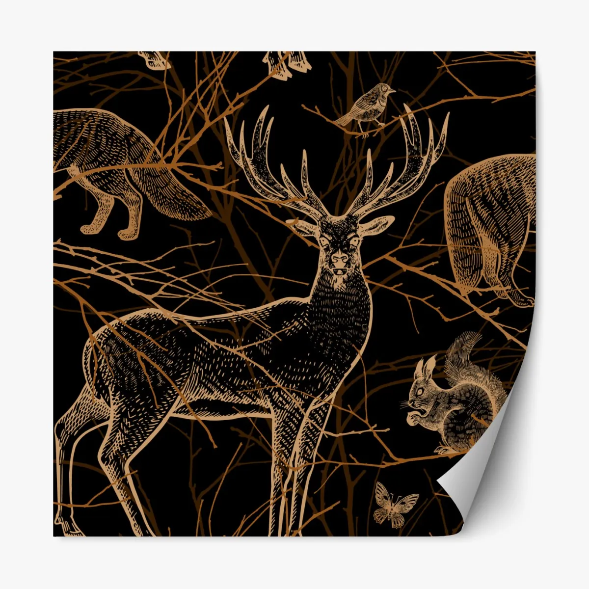 Repositionierbarer Aufkleber goldene waldtiere auf schwarzem hintergrund – Wallnifity®