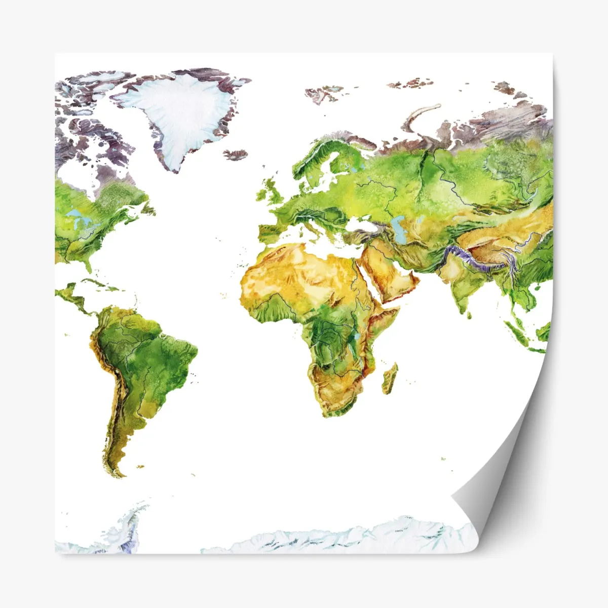 Repositionierbarer Aufkleber aquarell-physische weltkarte – Wallnifity®