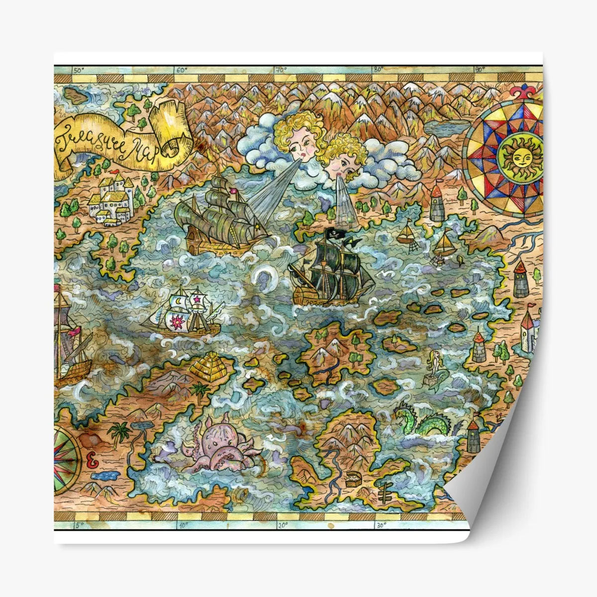 Repositionierbarer Aufkleber verspielte schatzkarte aquarellillustration – Wallnifity®