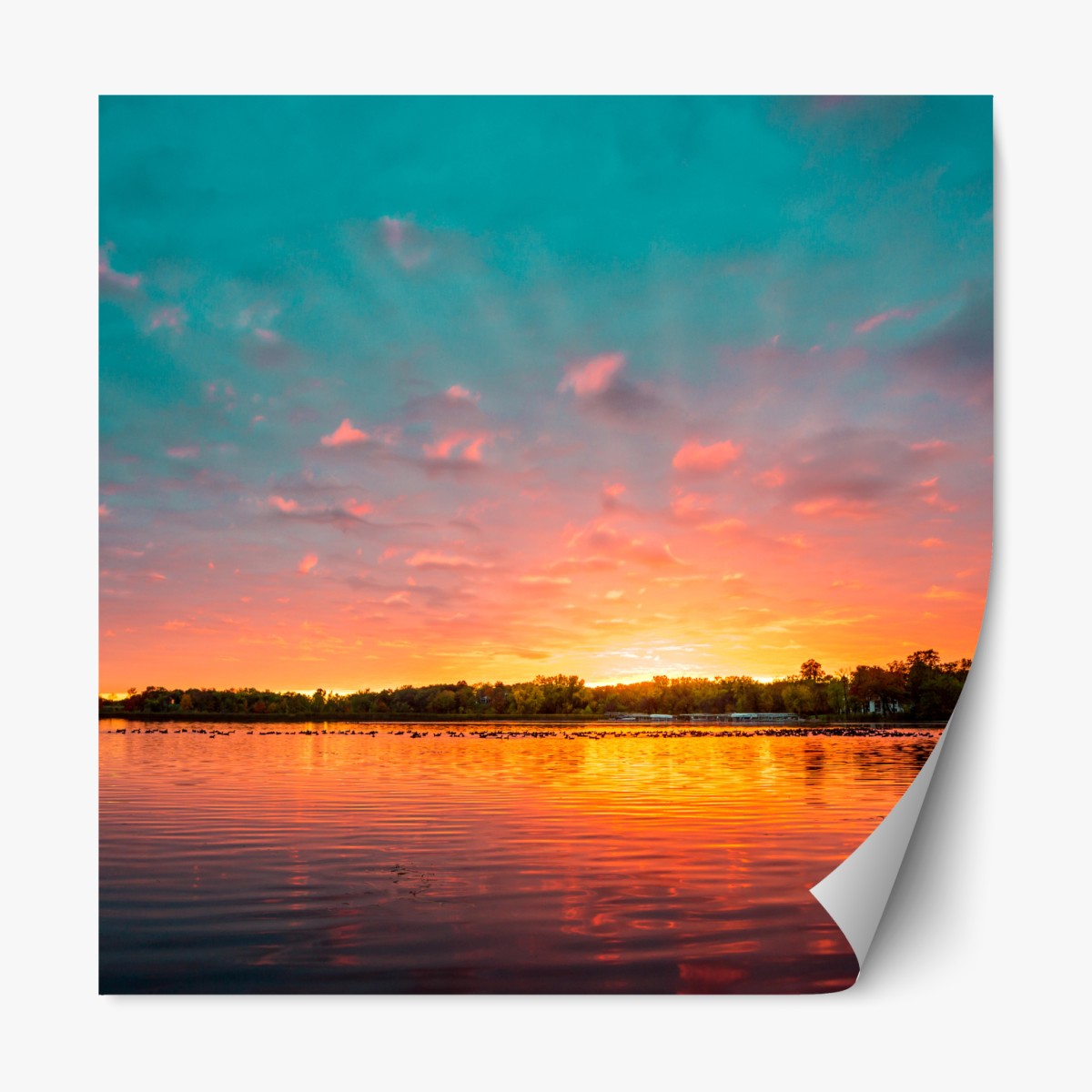 Repositionierbarer Aufkleber türkisfarbener sonnenuntergang über ruhigem see – Wallnifity®