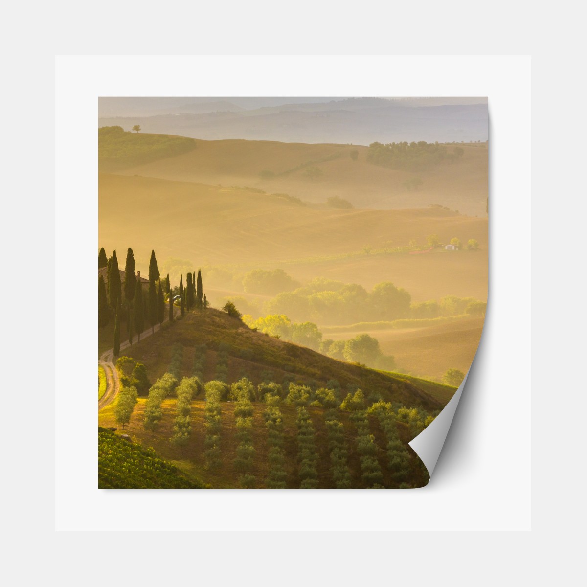 Repositionierbarer Aufkleber nebliger morgen über Val d'Orcia – Wallnifity®