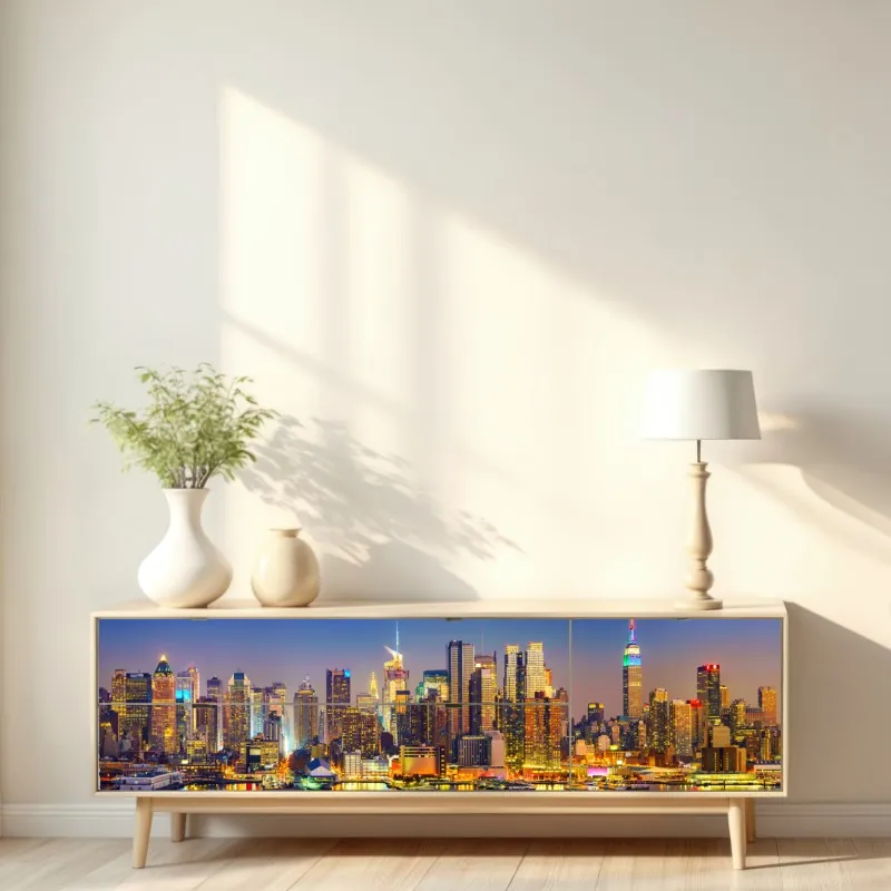 Repositionierbarer Aufkleber goldener sonnenuntergang über der skyline von New York – Wallnifity®