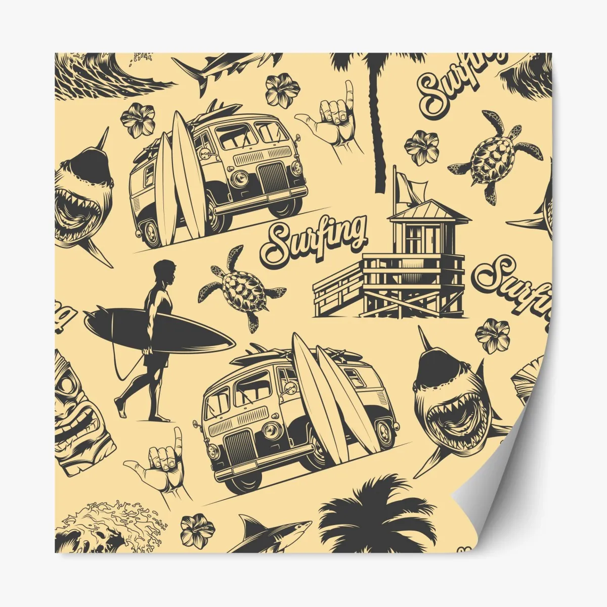 Repositionierbarer Aufkleber retro surfing muster mit campingbus und wellen – Wallnifity®