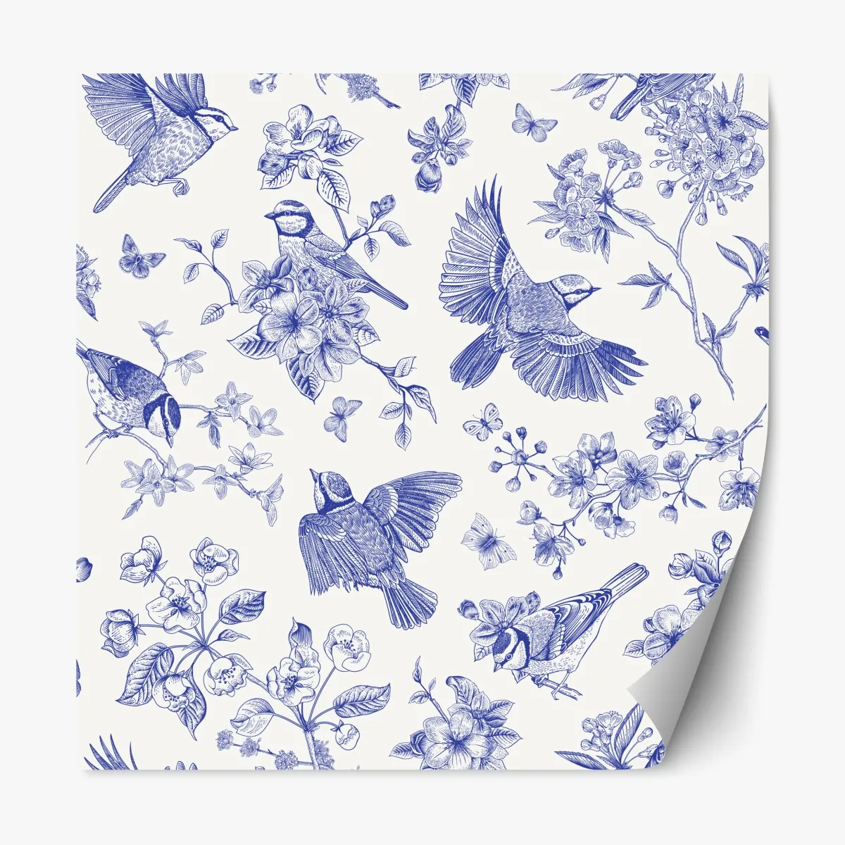 Repositionierbarer Aufkleber blaues muster mit vögeln und blüten im vintage-stil – Wallnifity®