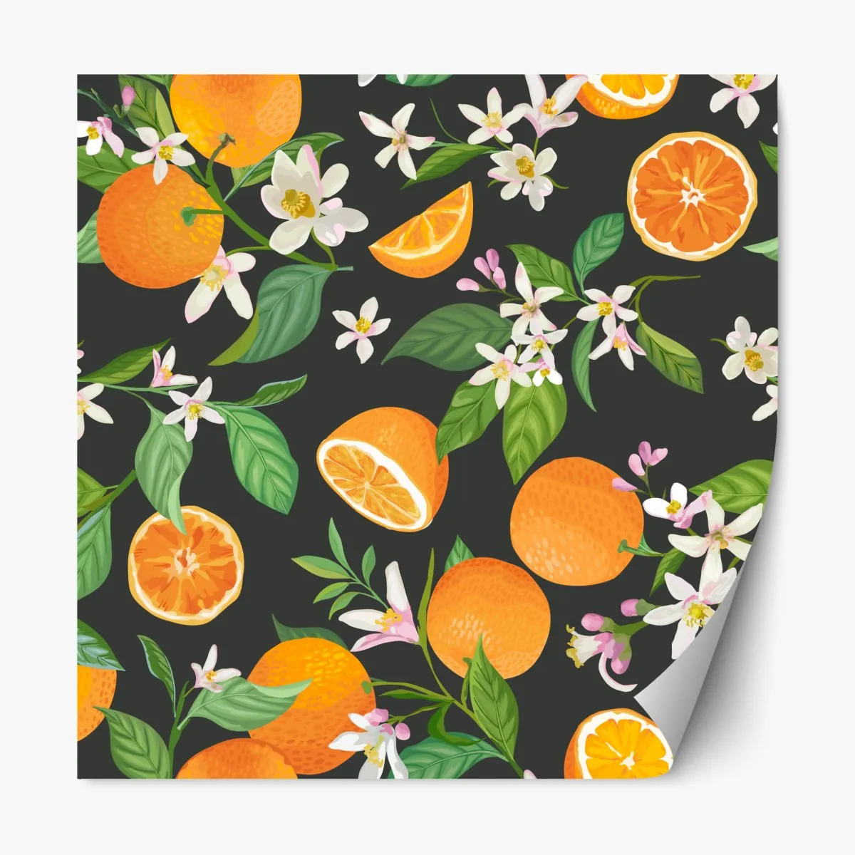 Repositionierbarer Aufkleber orangeblüten- und zitrusmuster auf dunklem hintergrund – Wallnifity®