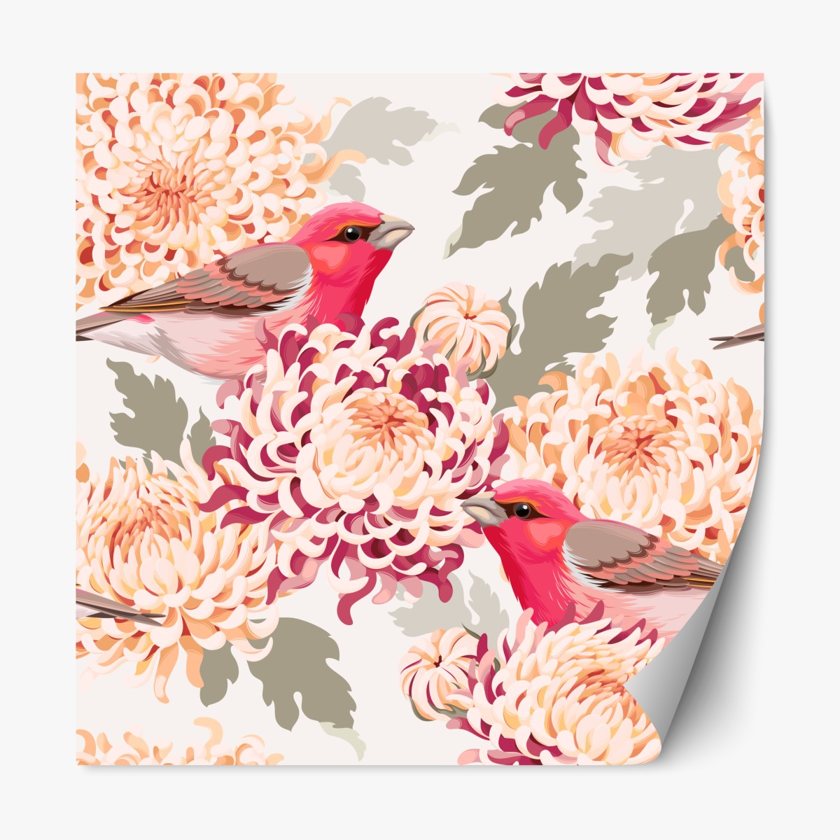 Repositionierbarer Aufkleber rosa vögel und chryzanthemenmuster – Wallnifity®