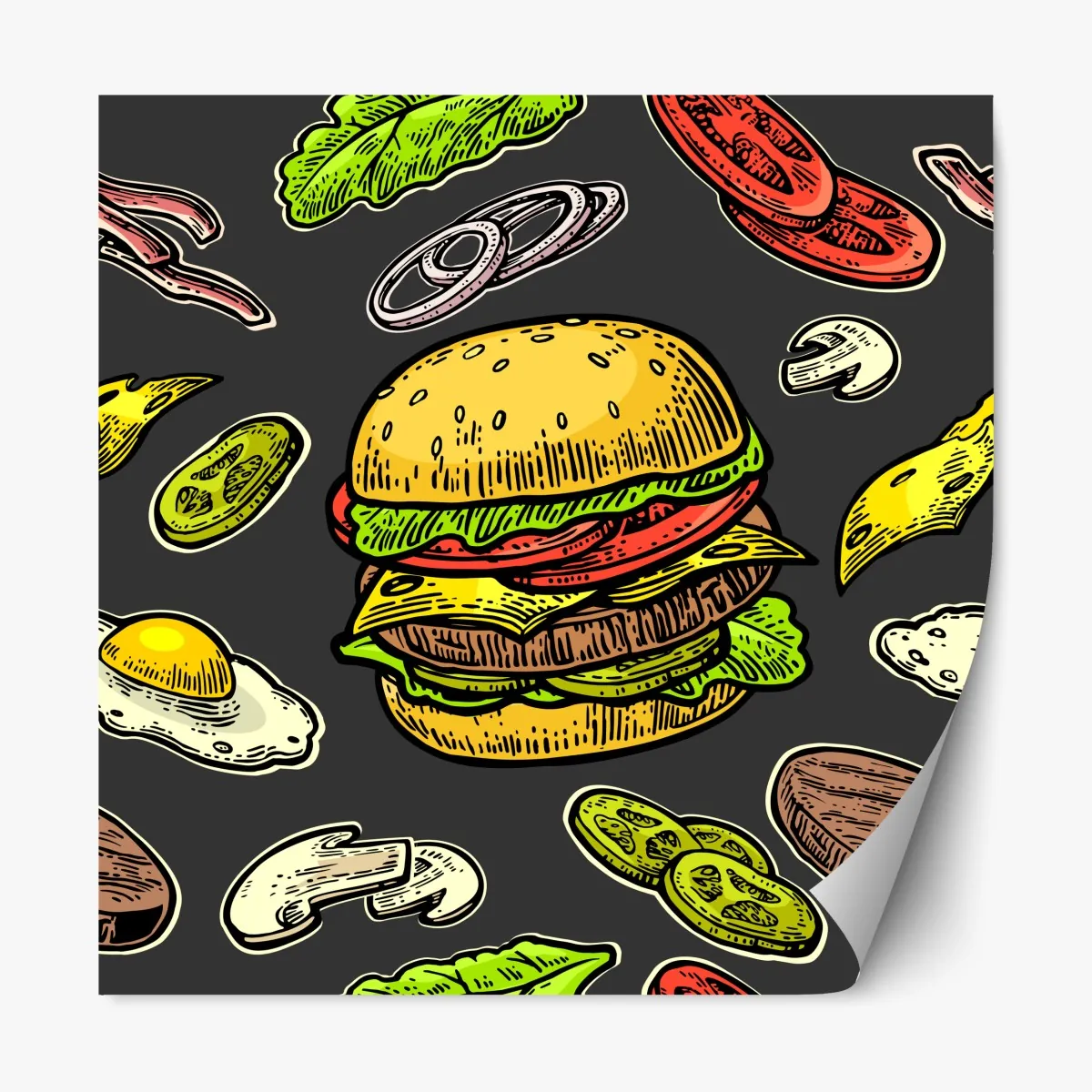 Repositionierbarer Aufkleber buntes burger-muster mit zutaten – Wallnifity®