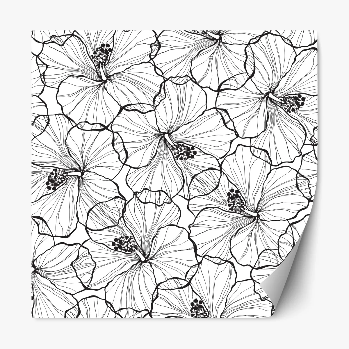 Repositionierbarer Aufkleber schwarzweißes hibiskus line art muster – Wallnifity®