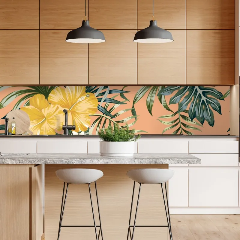 Repositionierbarer Aufkleber leuchtende heliconia auf tropischen blättern – Wallnifity®