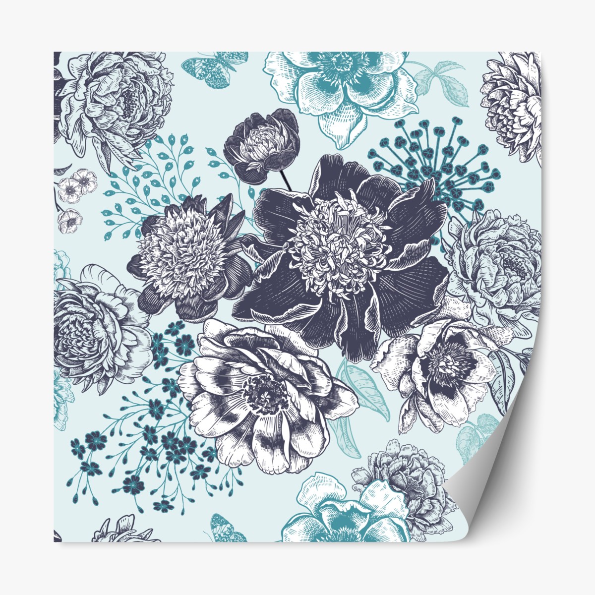 Repositionierbarer Aufkleber blumiges peonienmuster in türkis und marineblau – Wallnifity®