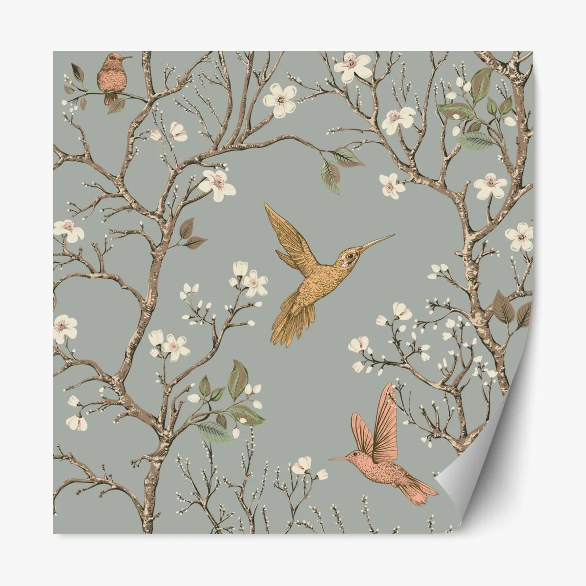 Repositionierbarer Aufkleber vintage-muster mit kolibris und blüten – Wallnifity®