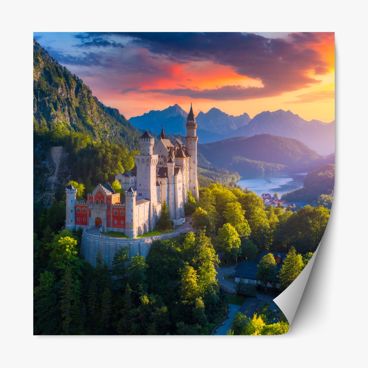 Repositionierbarer Aufkleber schloss Neuschwanstein bei sonnenuntergang – Wallnifity®