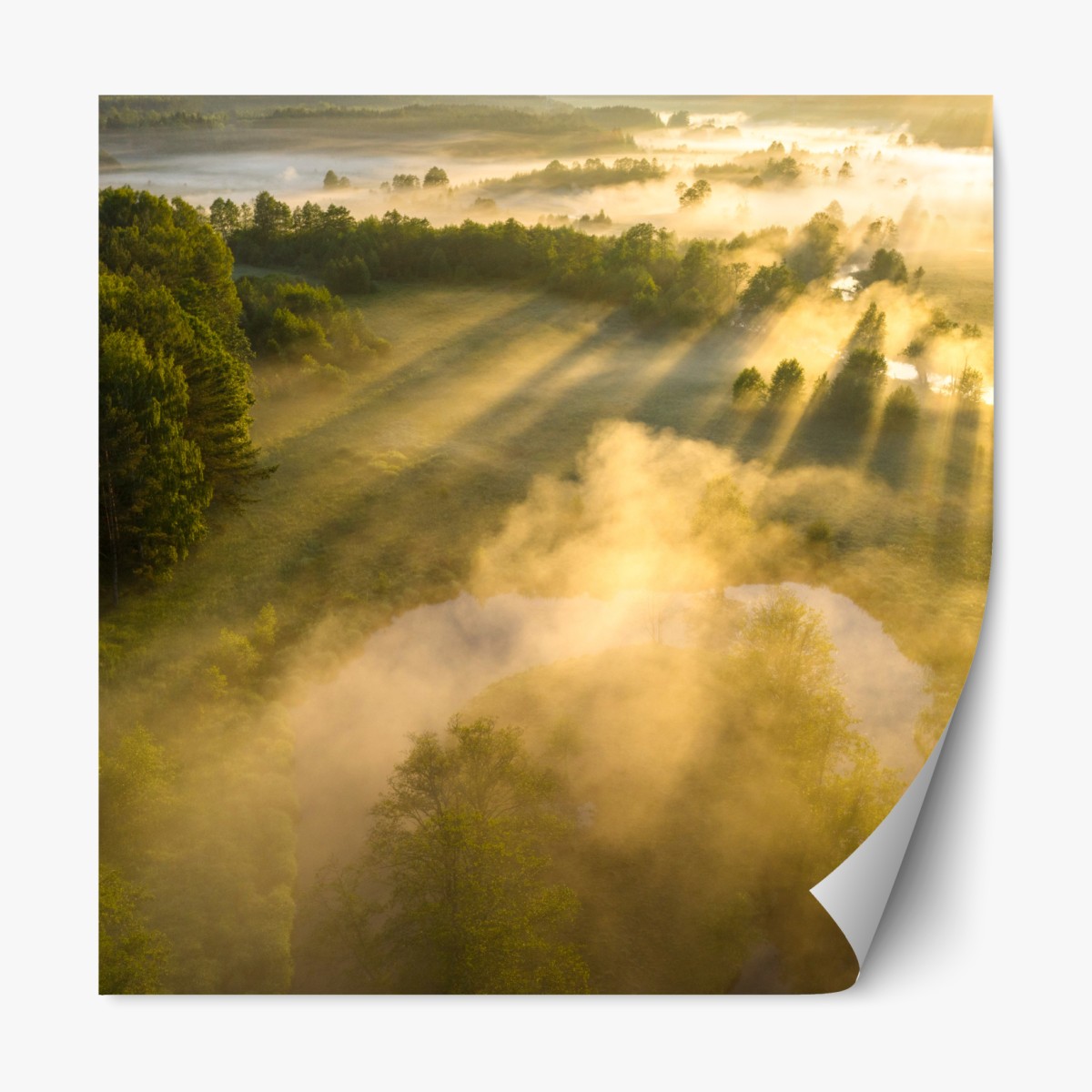 Repositionierbarer Aufkleber goldener morgen über nebligem fluss – Wallnifity®
