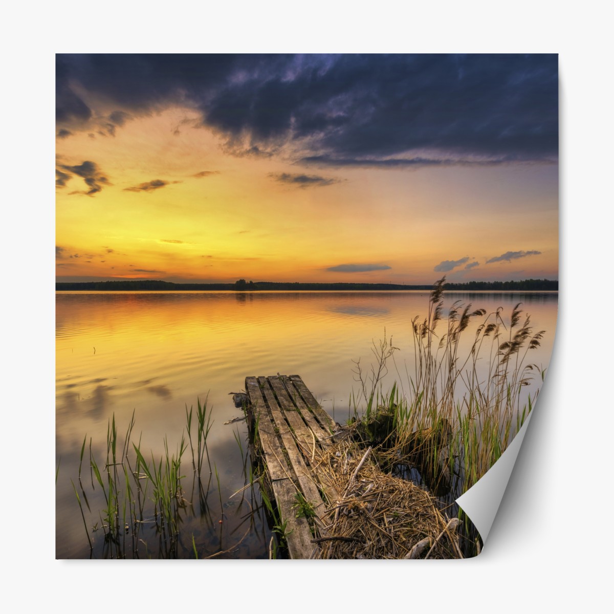 Repositionierbarer Aufkleber goldener sonnenuntergang am see mit steg – Wallnifity®