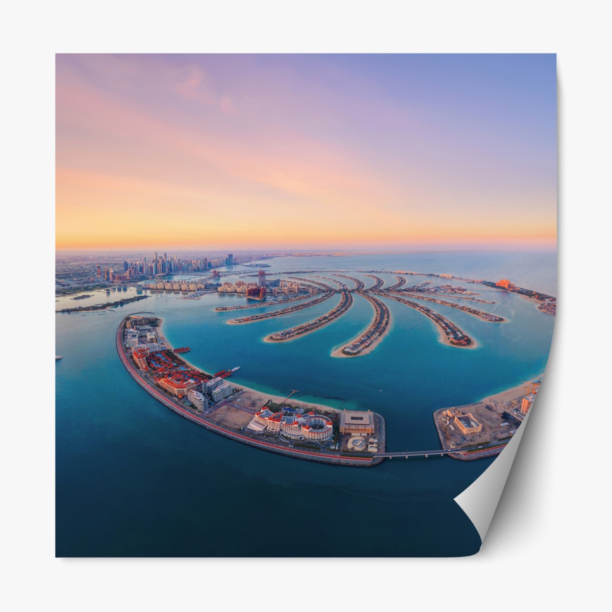 Repositionierbarer Aufkleber sonnenuntergang über Palm Jumeirah luftaufnahme – Wallnifity®