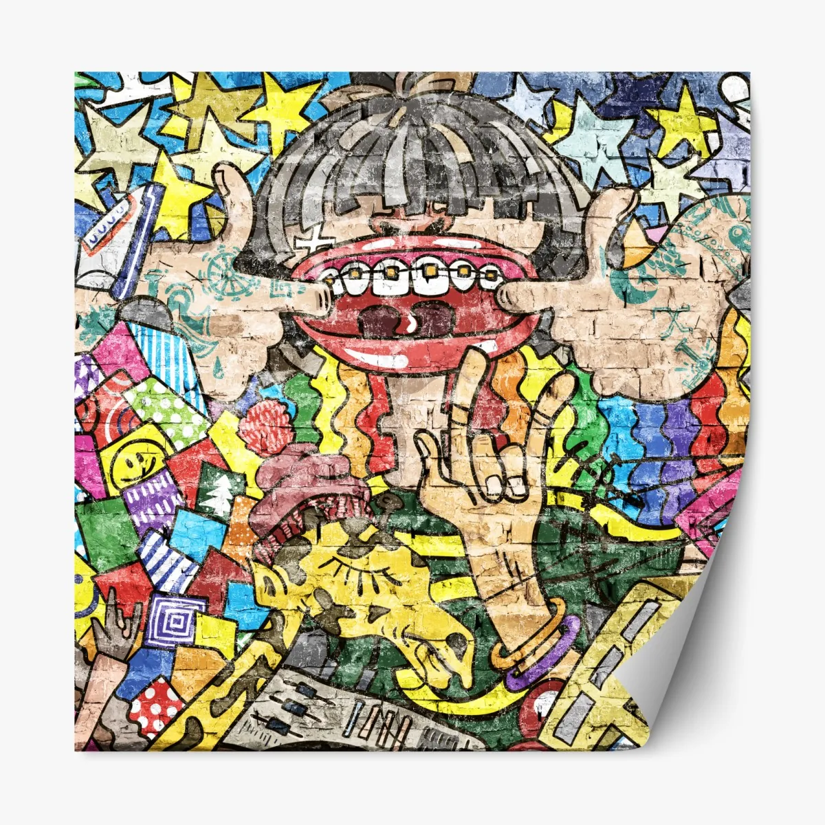 Repositionierbarer Aufkleber buntes graffiti-mural mit verspielter figur – Wallnifity®