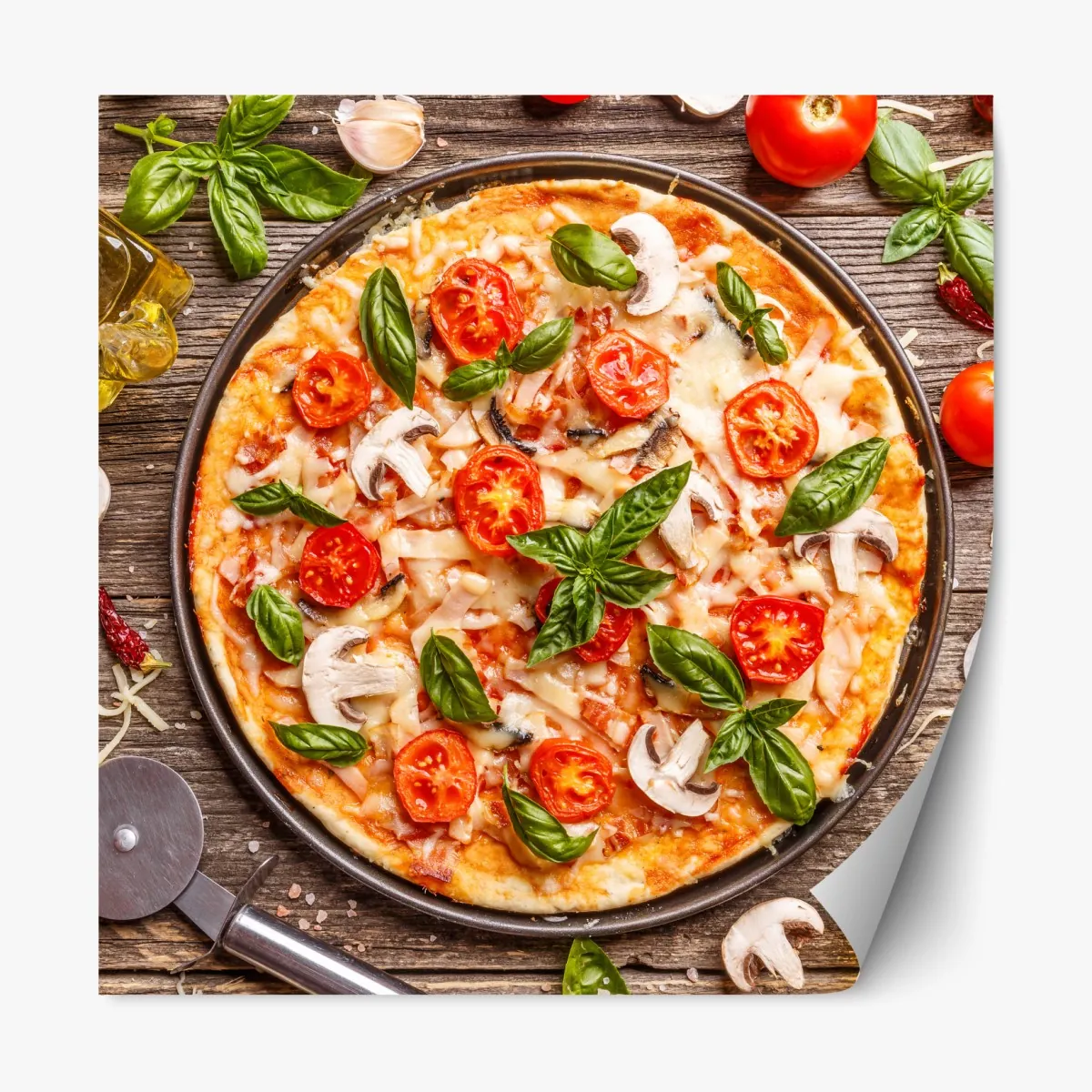 Repositionierbarer Aufkleber frische pizza mit basilikum und cherrytomaten – Wallnifity®