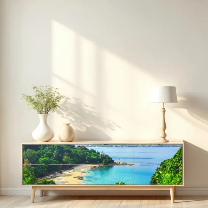 Repositionierbarer Aufkleber sonniges Santorini blaue kuppeln und meerblick – Wallnifity®