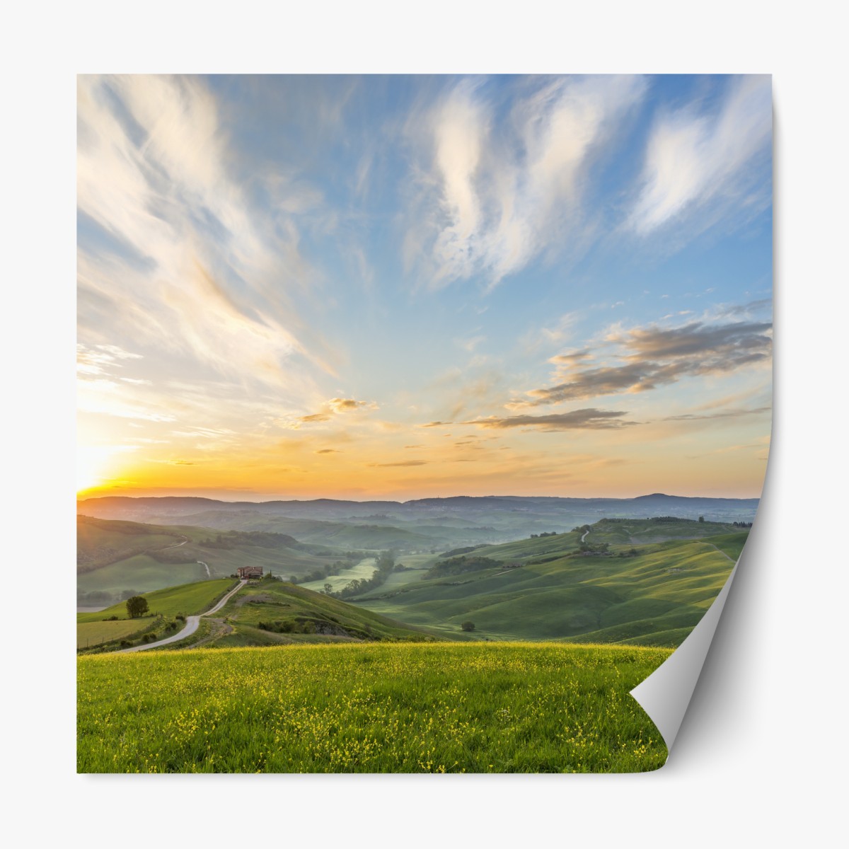 Repositionierbarer Aufkleber sonnenaufgang über einer wiese in Italien – Wallnifity®