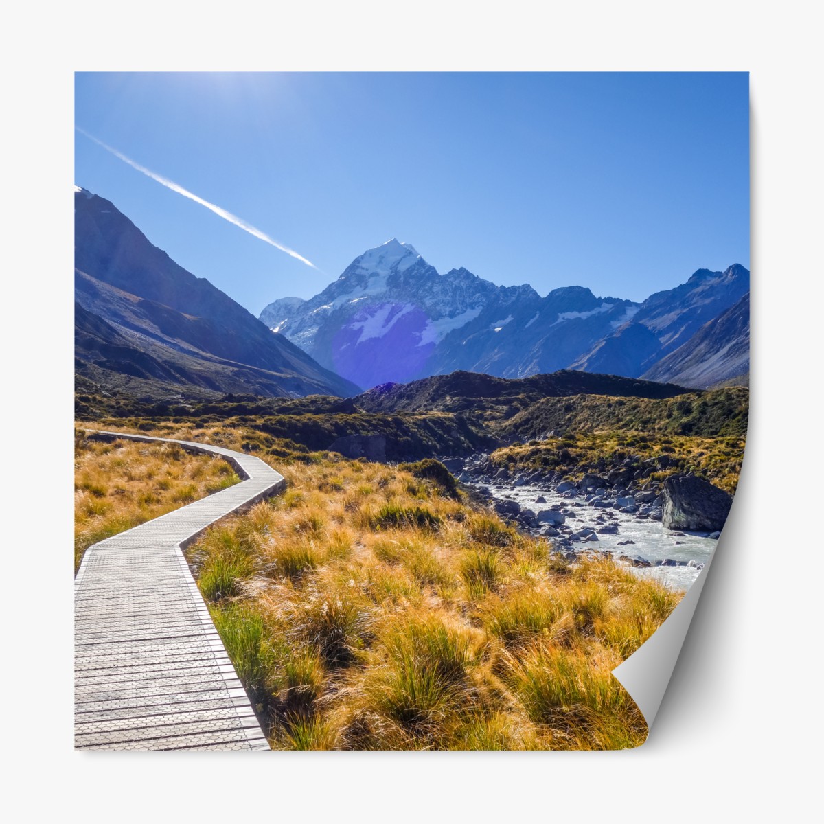 Repositionierbarer Aufkleber holzsteg im Hooker Valley mit blick auf Aoraki Mount Cook – Wallnifity®
