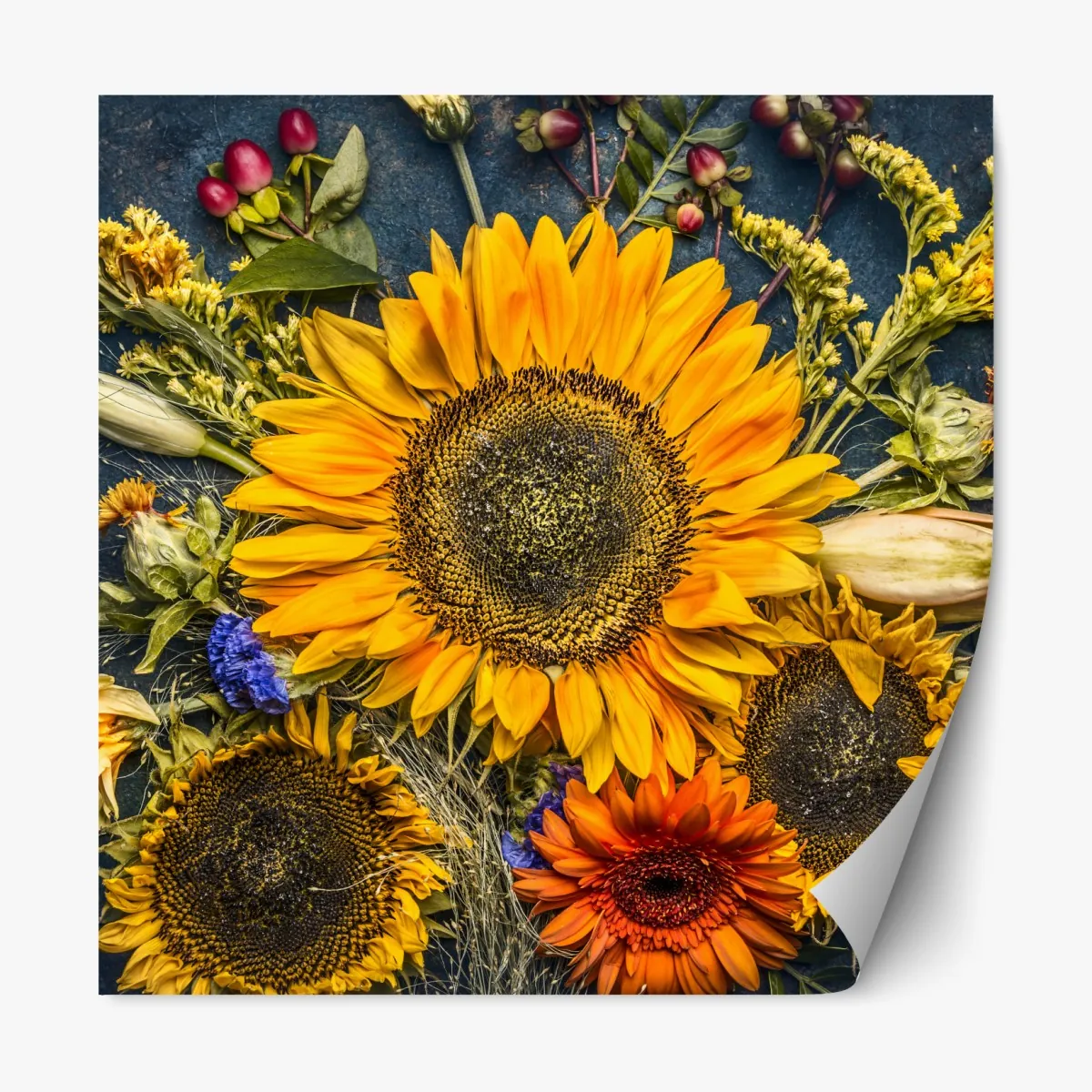 Repositionierbarer Aufkleber herbstlicher sonnenblumenstrauß auf dunklem rustikalem hintergrund – Wallnifity®