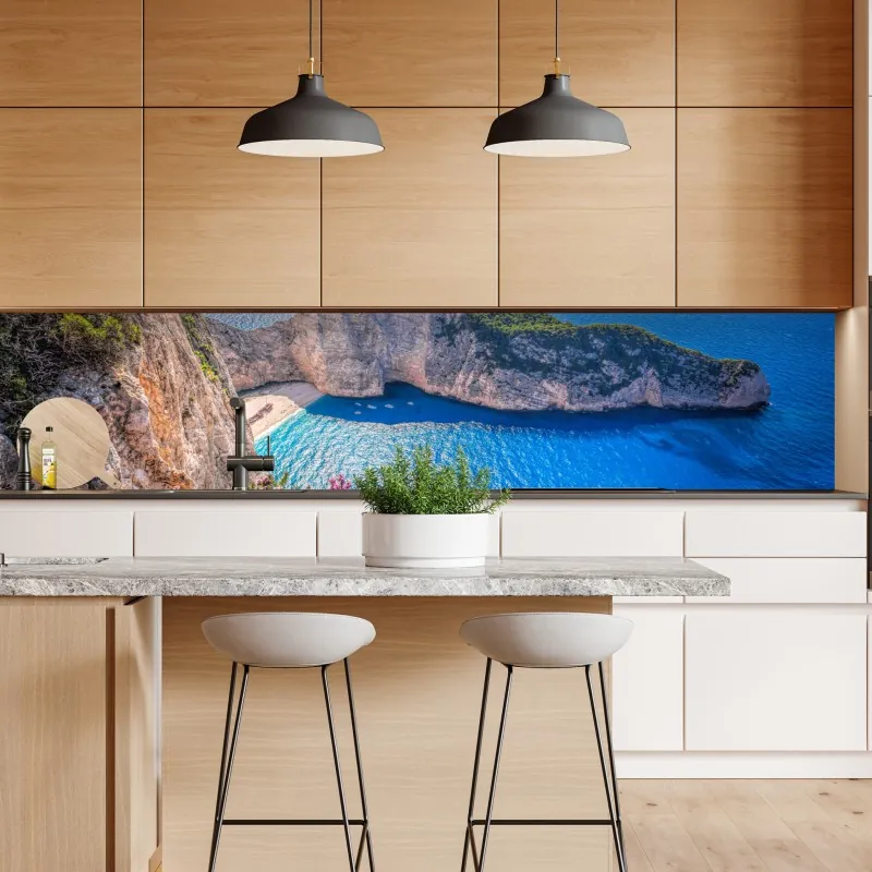 Repositionierbarer Aufkleber sonnige gasse auf der insel mit leuchtender buganvillea – Wallnifity®