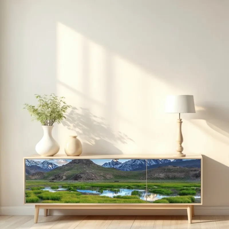 Repositionierbarer Aufkleber sonnige bergwiese bei sonnenaufgang – Wallnifity®