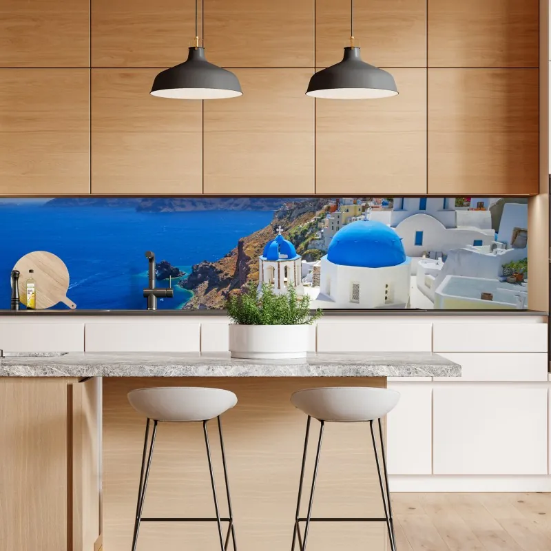 Repositionierbarer Aufkleber sonnige gasse auf der insel mit leuchtender buganvillea – Wallnifity®
