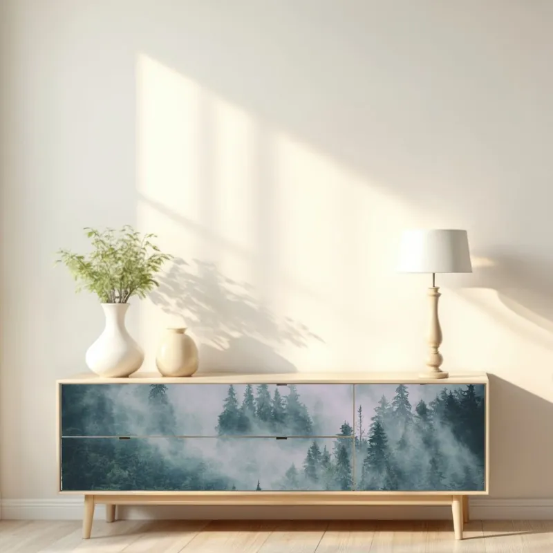 Repositionierbarer Aufkleber nebeliger kiefernwald – Wallnifity®