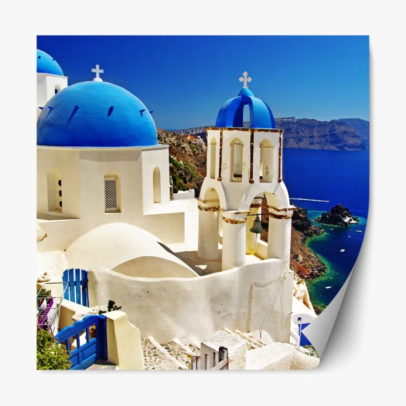 Repositionierbarer Aufkleber sonniges Santorini blaue kuppeln und meerblick – Wallnifity®