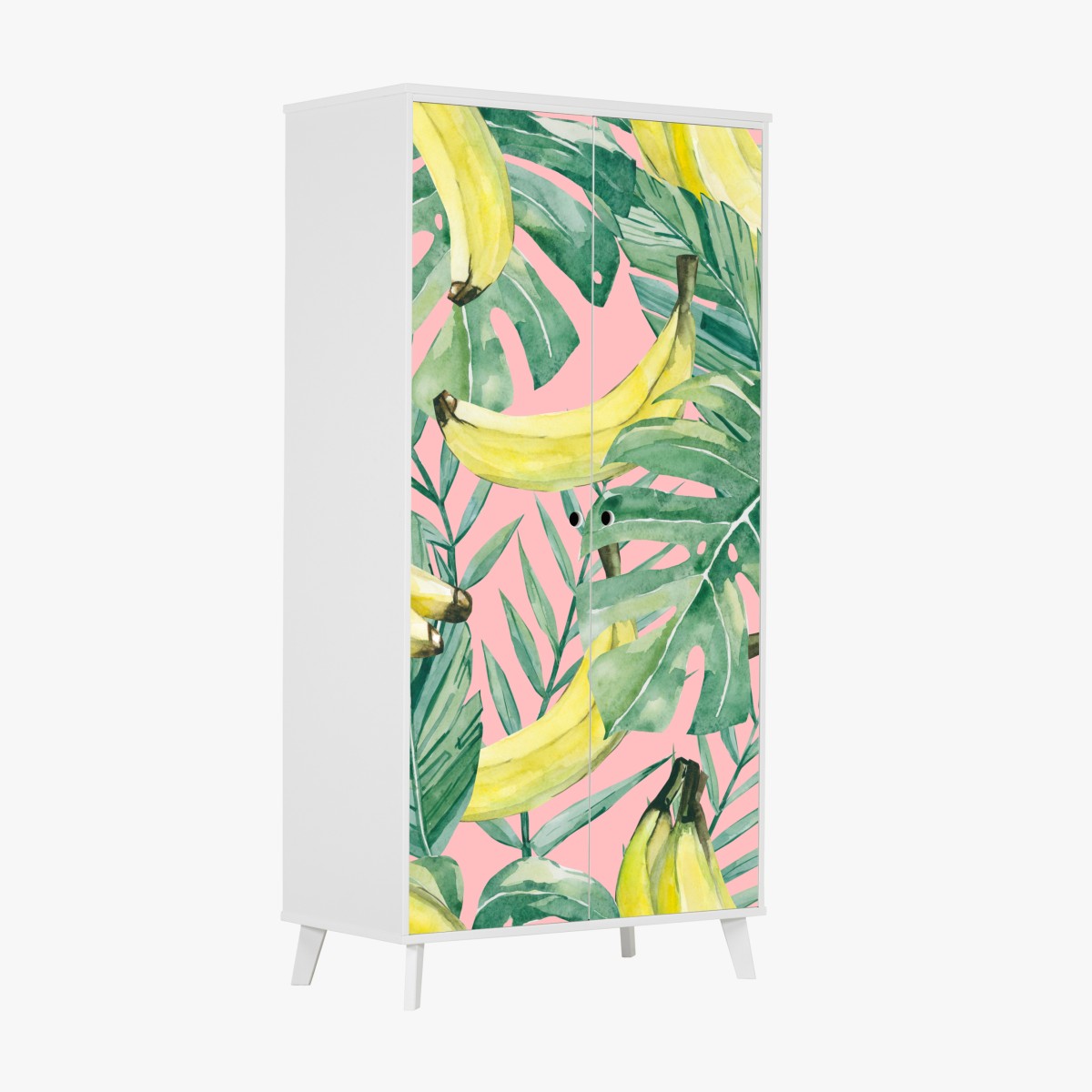 Schrankaufkleber aquarell-bananen und blättermuster auf rosa hintergrund – Wallnifity®