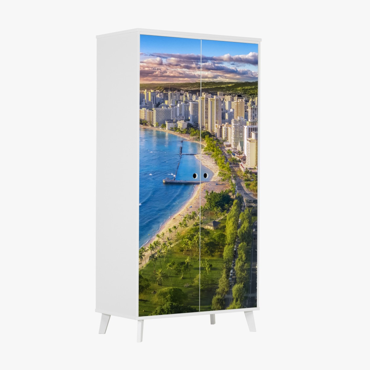Schrankaufkleber skyline einer küstenstadt bei sonnenuntergang – Wallnifity®