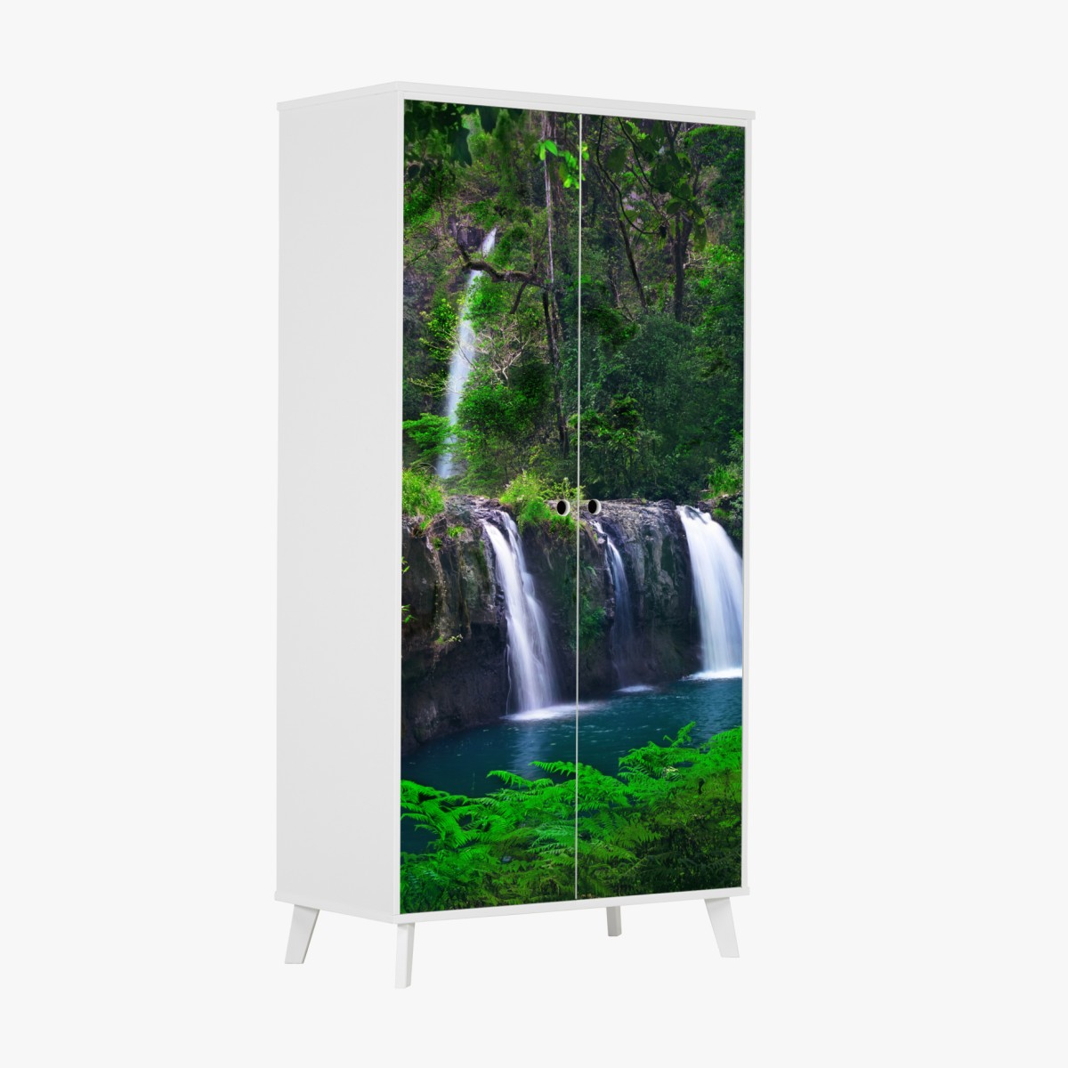 Schrankaufkleber beruhigender wasserfall im smaragdgrünen wald – Wallnifity®