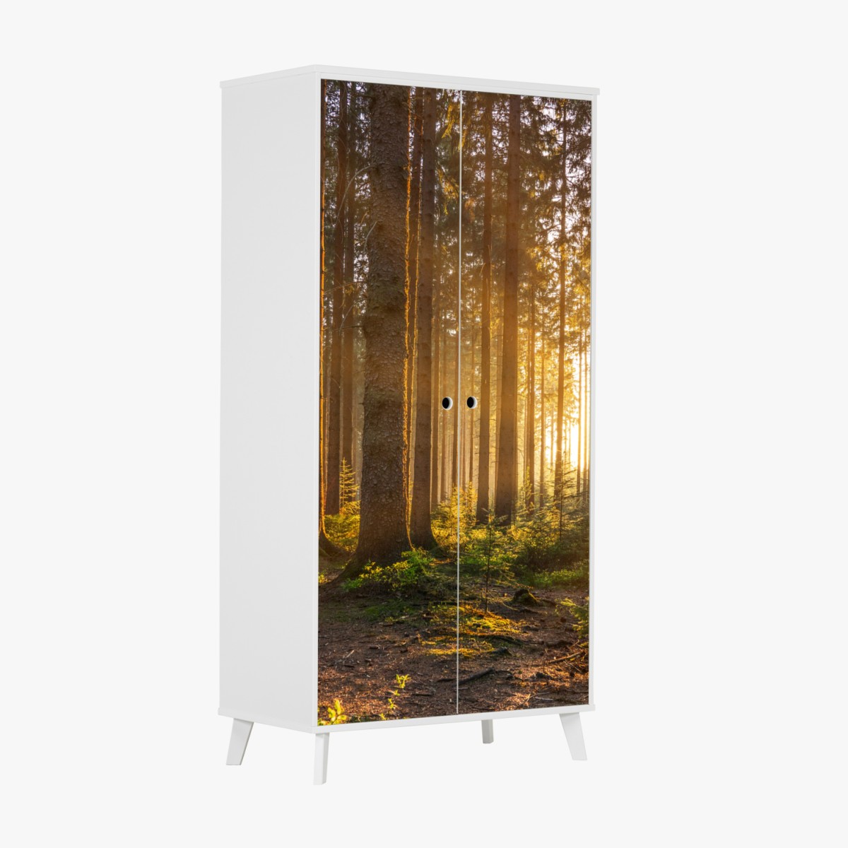 Schrankaufkleber sonnenbeschienener waldweg am morgen – Wallnifity®