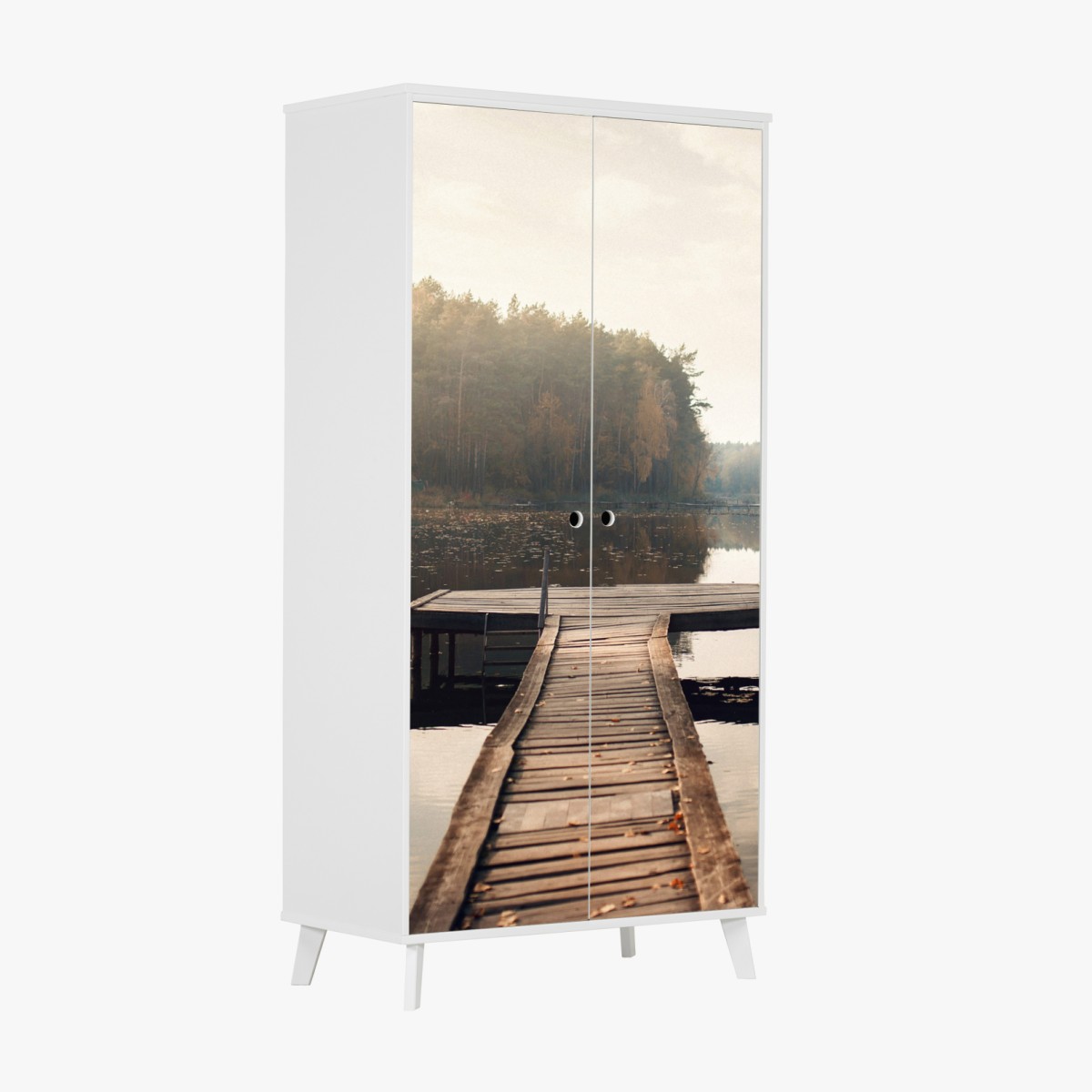 Schrankaufkleber herbstmorgen am see mit hölzernem steg – Wallnifity®