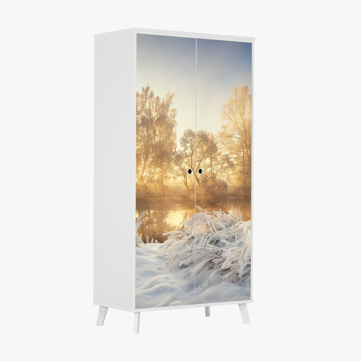 Schrankaufkleber goldener wintersonnenaufgang über dem frostigen fluss – Wallnifity®