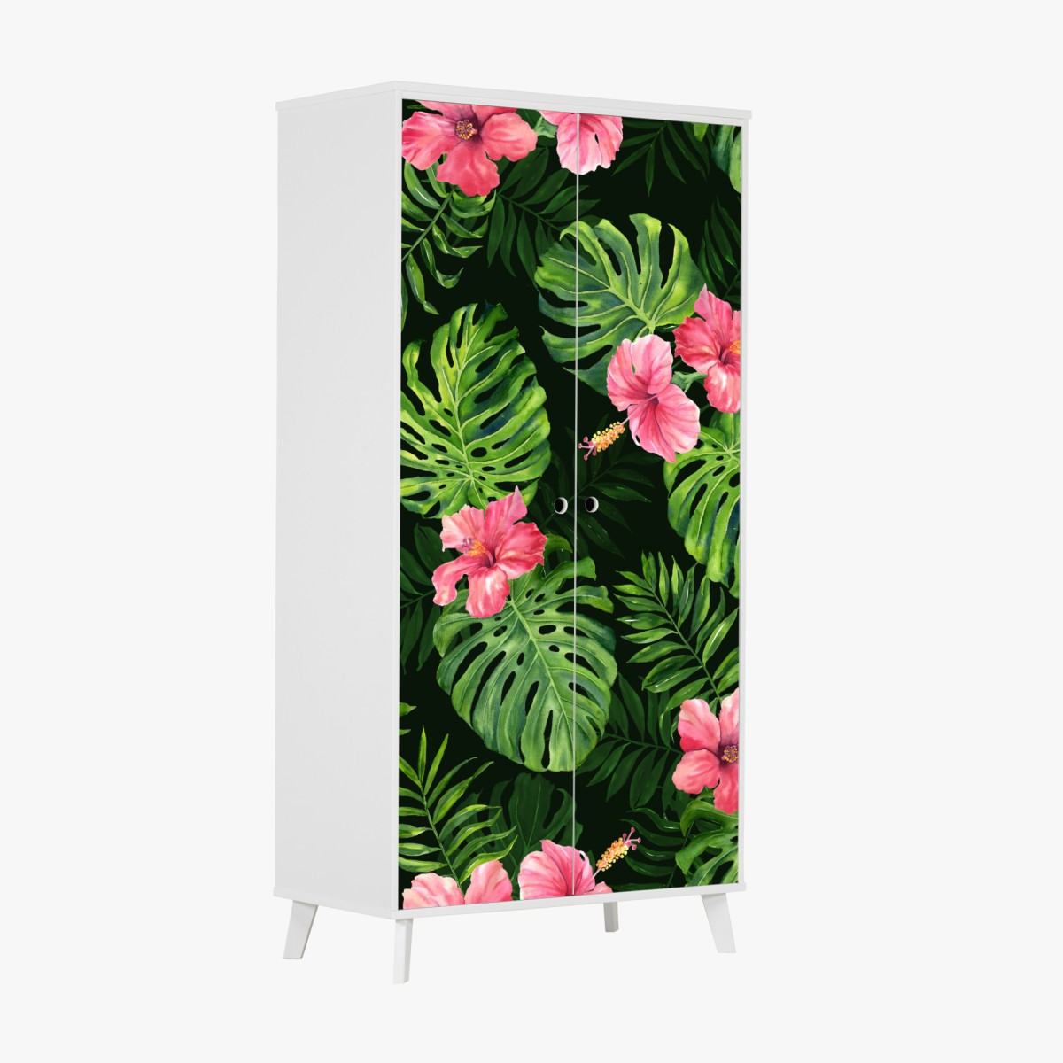 Schrankaufkleber tropisches monstera- und hibiskus-motiv – Wallnifity®