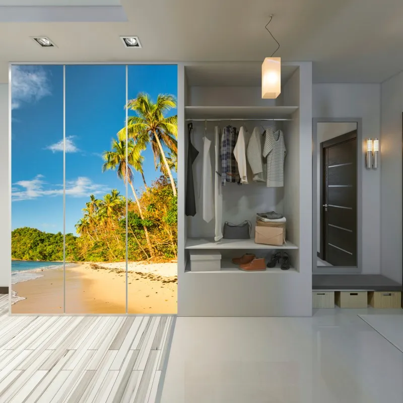 Schrankaufkleber sonnige gasse auf der insel mit leuchtender buganvillea – Wallnifity®