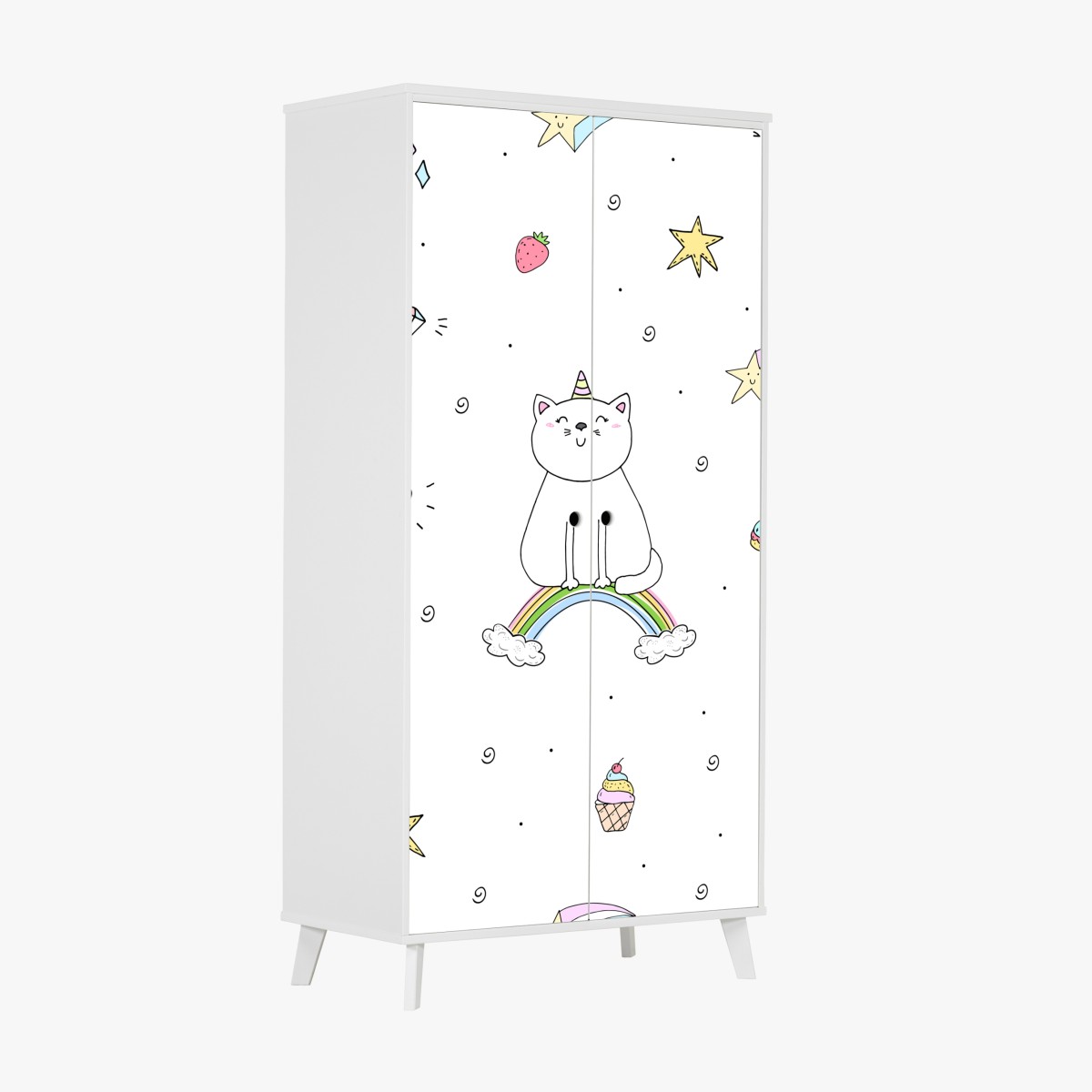 Schrankaufkleber pastell-einhornkatze auf dem regenbogen – Wallnifity®