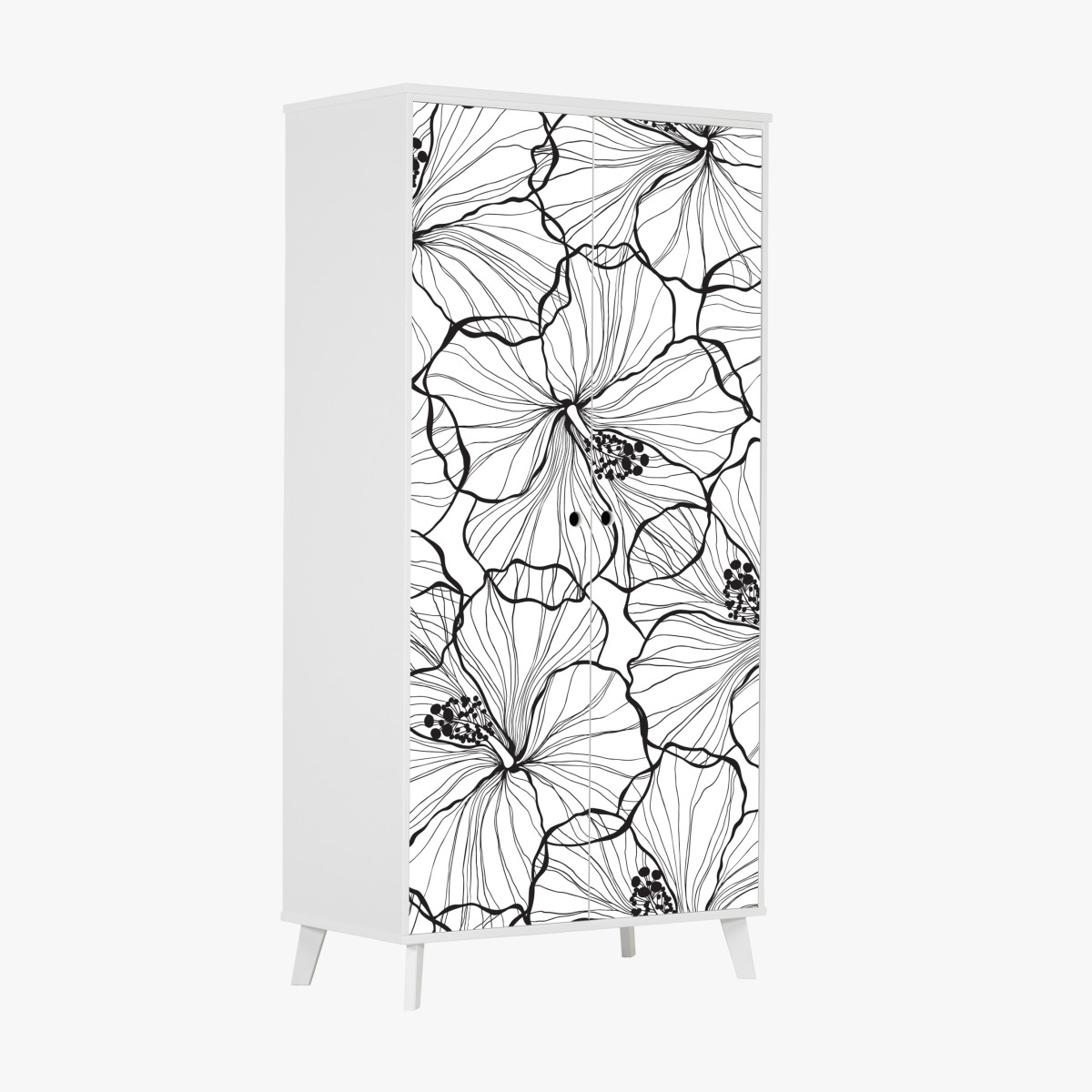 Schrankaufkleber schwarzweißes hibiskus line art muster – Wallnifity®